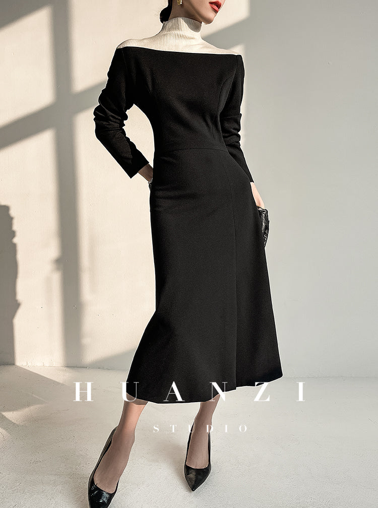 Huanzi new elegant classic black high turtle neck dress - Kios
