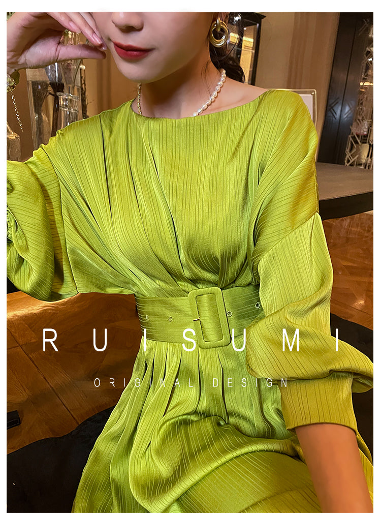 French romantic light luxury satin pleated waist lantern bat sleeve midi tea dre - Aplss