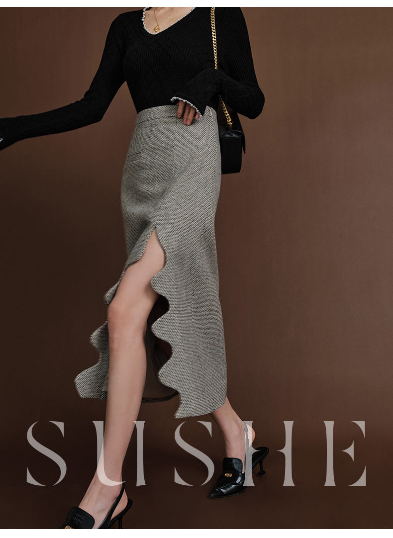 SUSHE Heavy Elegant Wave Slit Spring Skirt - monet vision