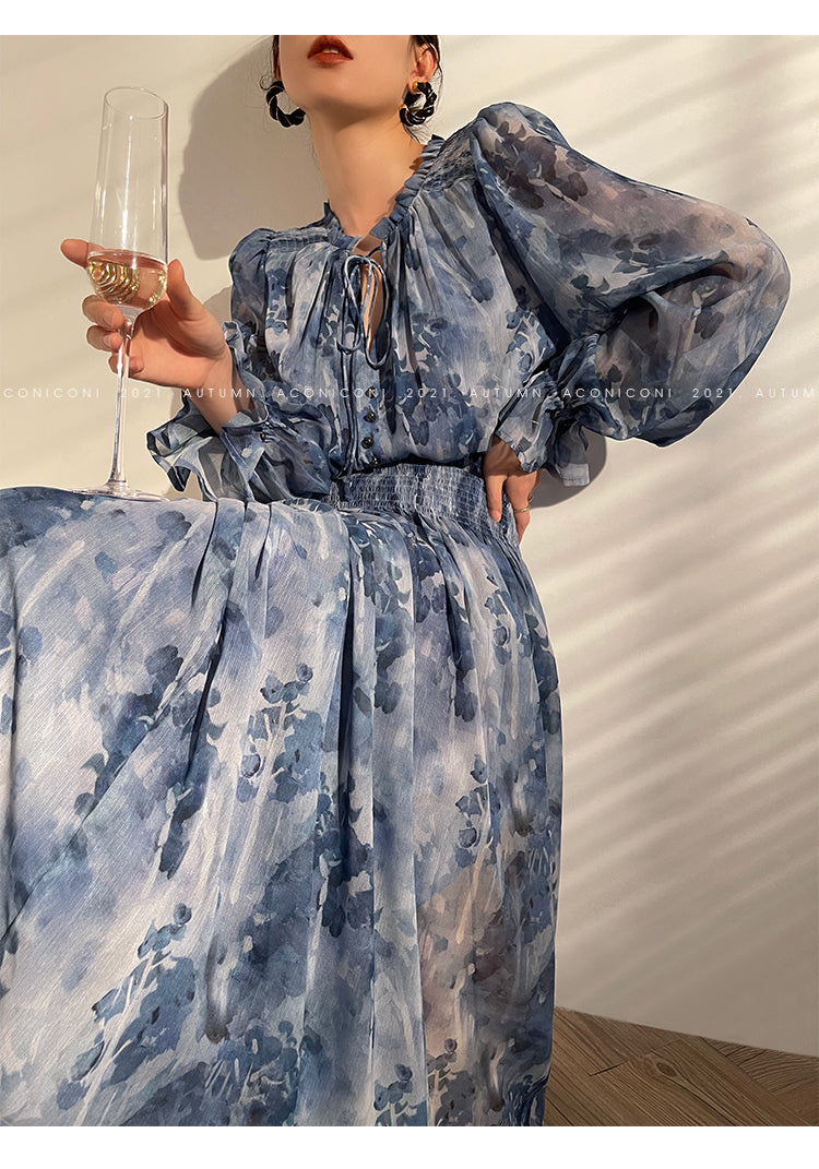 Aconiconi|French elegant blue print spring summer dress - hiju