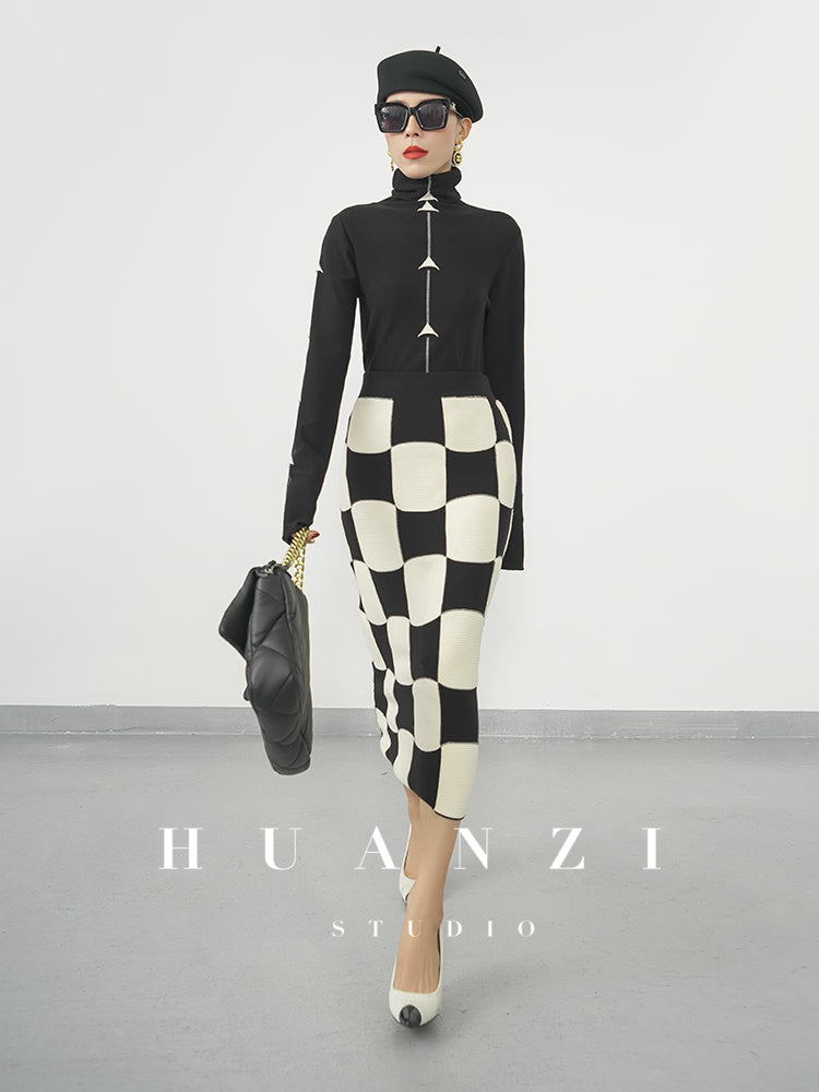 Huanzi classic black and white checkerboard high waist slim knitted fishtail skirt for women- Tiloa