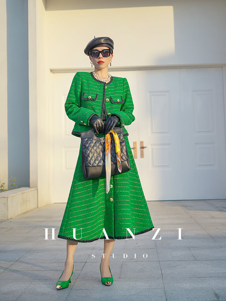 Huanzi tweed wool small suit autumn and winter new green short coat suit set- Lilibeth