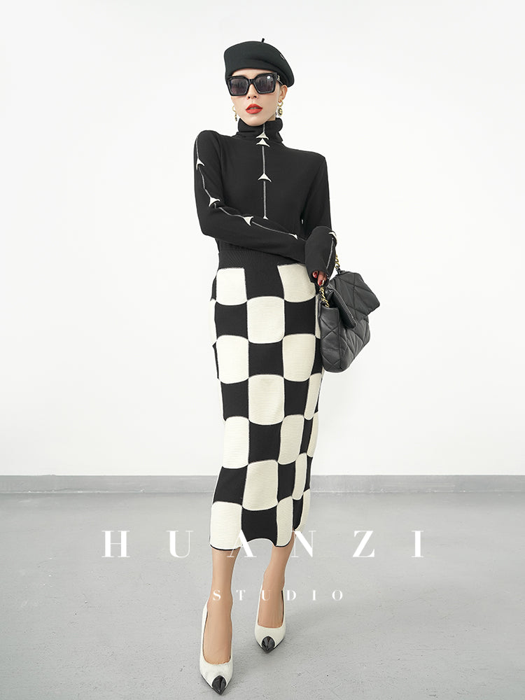 Huanzi classic black and white checkerboard high waist slim knitted fishtail skirt for women- Tiloa