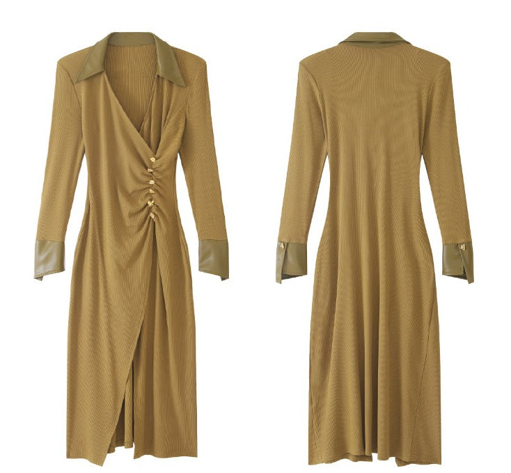 WANXO green v-neck shirt dress new waist and thin knitted slit bottoming skirt- Bella