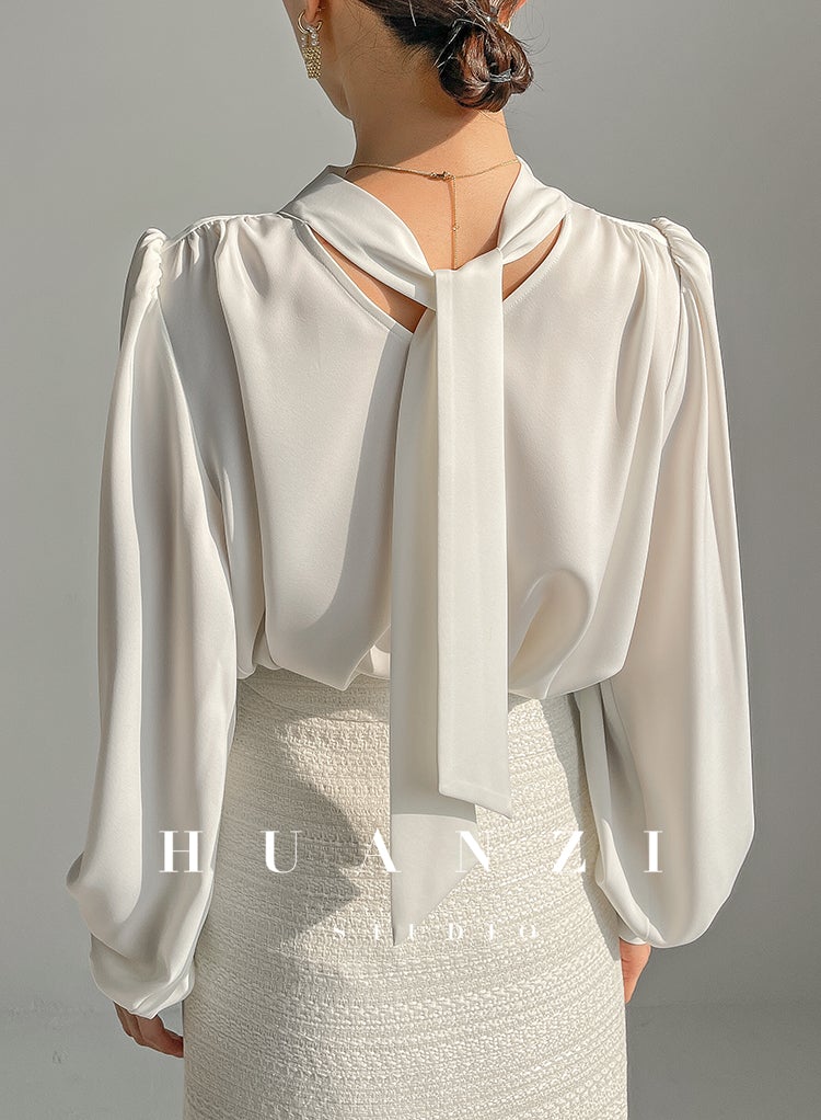 Huanzi new puff sleeves silk satin shirts top blouse - Oitr