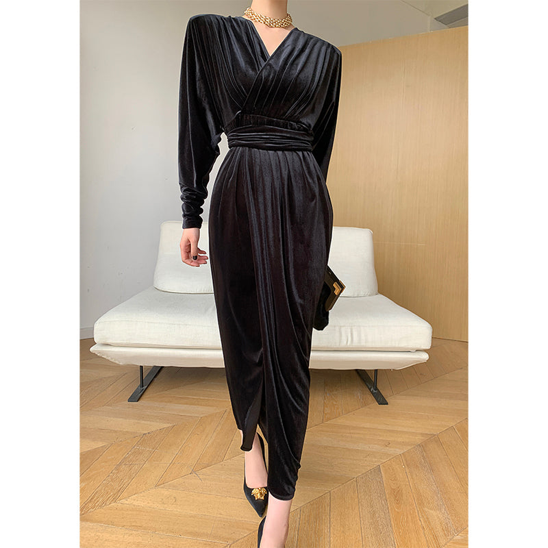 Brown WANXO French red pleated velvet dress new gold-like waist bottoming skirt- Winny