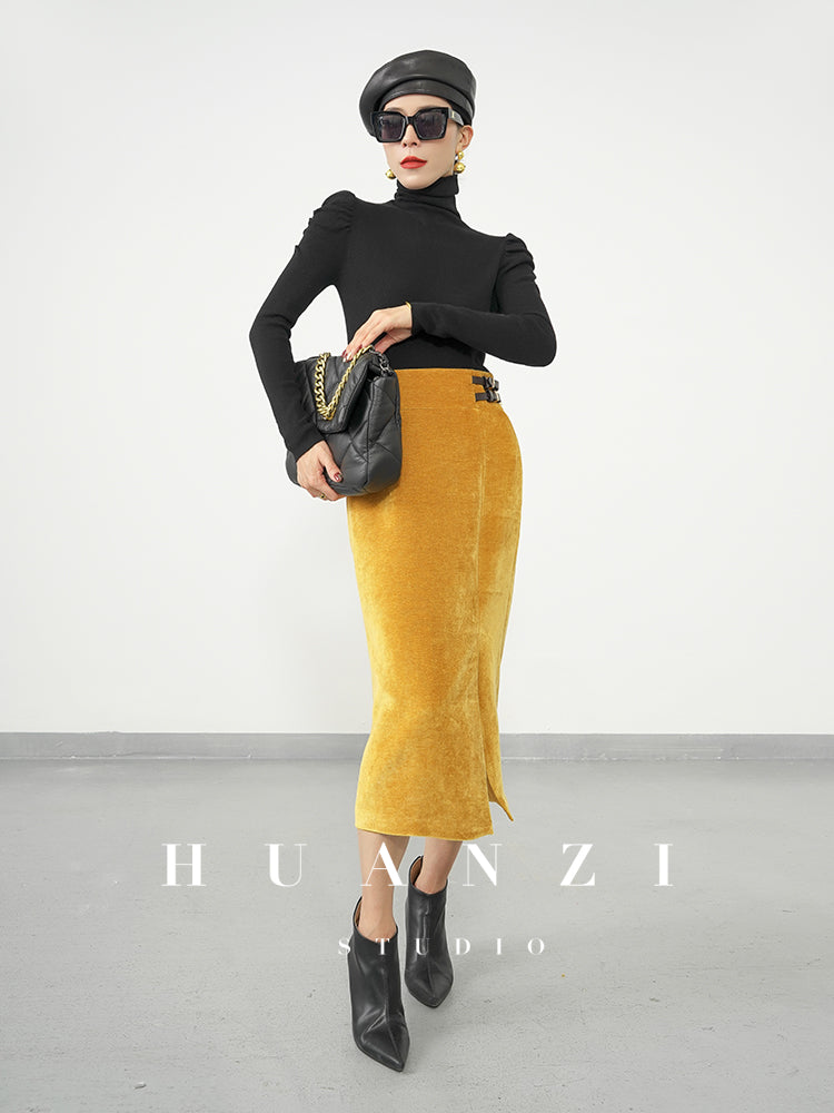 Huanzi new French velvet fashionable high waist slim and small slit skirt female- Elvin