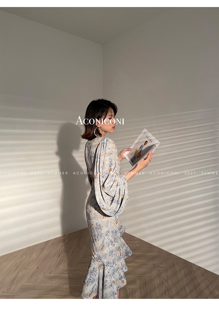 Aconiconi|high-end French tea floral printed elegant lantern sleeve midi dress - Nila