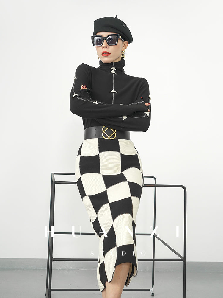Huanzi classic black and white checkerboard high waist slim knitted fishtail skirt for women- Tiloa