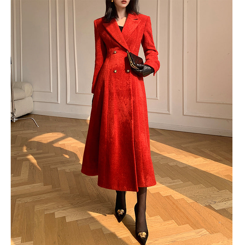 WANXO French red Hepburn style woolen coat new waist and thin long woolen coat- Crissy