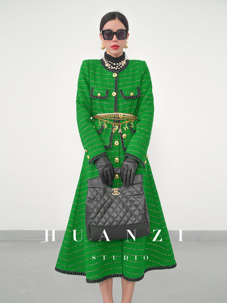 Huanzi tweed wool small suit autumn and winter new green short coat suit set- Lilibeth
