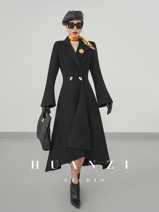 Huanzi custom double-sided cashmere coat women's black woolen coat fishtail slim fit and thin- Baty