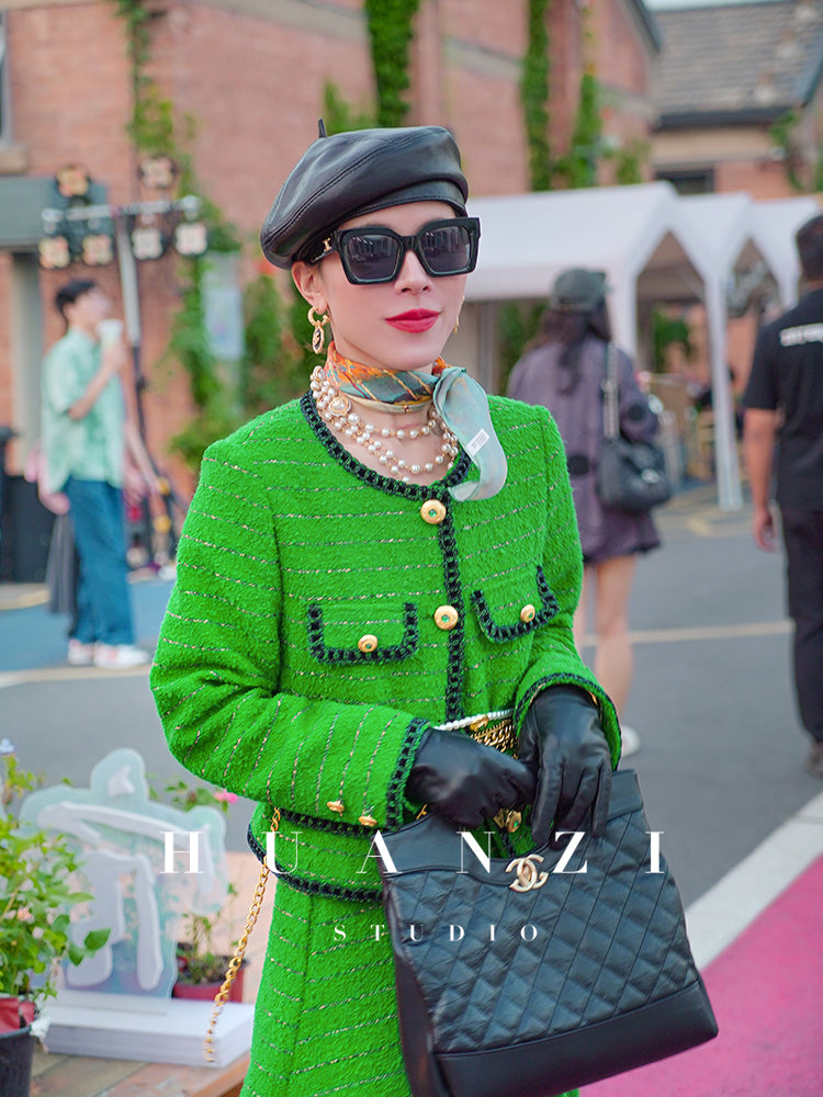 Huanzi tweed wool small suit autumn and winter new green short coat suit set- Lilibeth