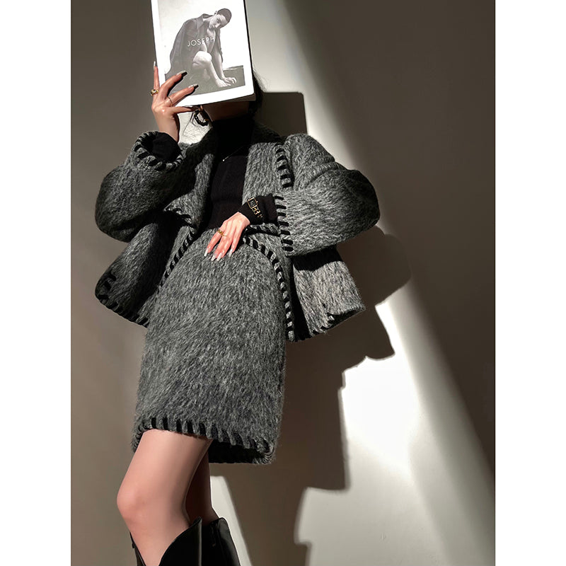 Aconiconi|Gray long hair fall winter wool short coat/skirt - Haizhou