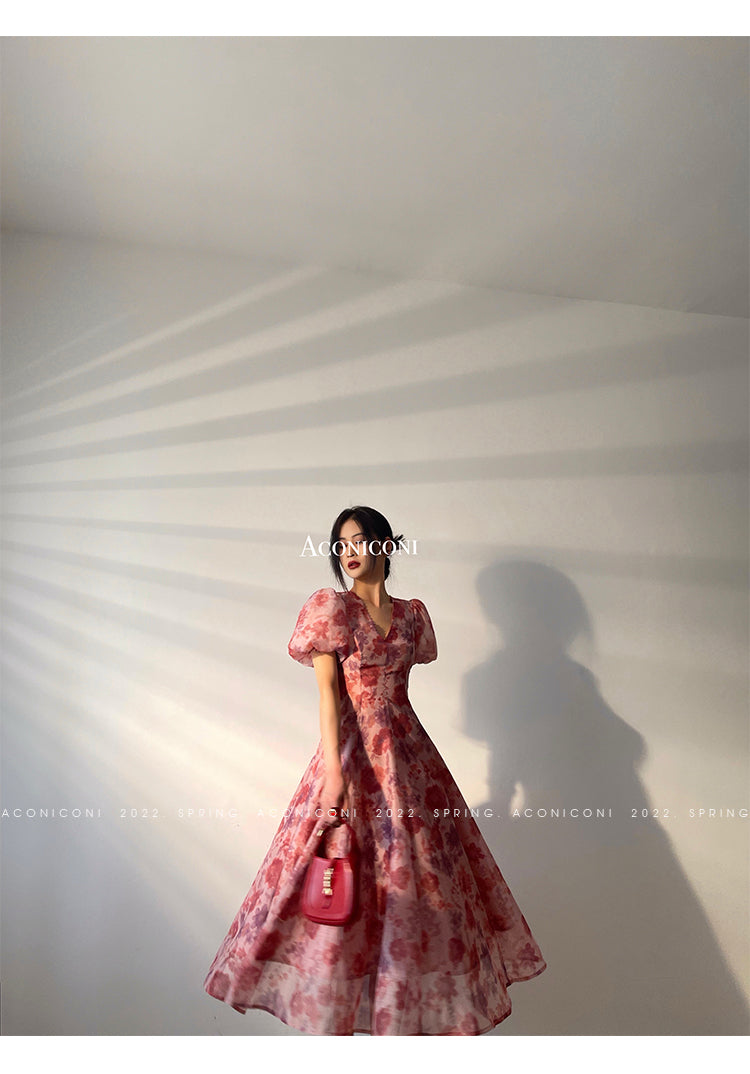 Aconiconi|Romantic French print luxury handmade haute couture beaded v-neck midi dress - Pilore