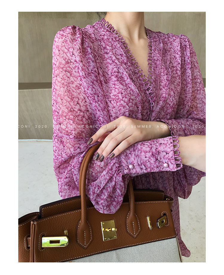 Aconiconi|French style elegant printed floral chiffon summer dress - Nikol