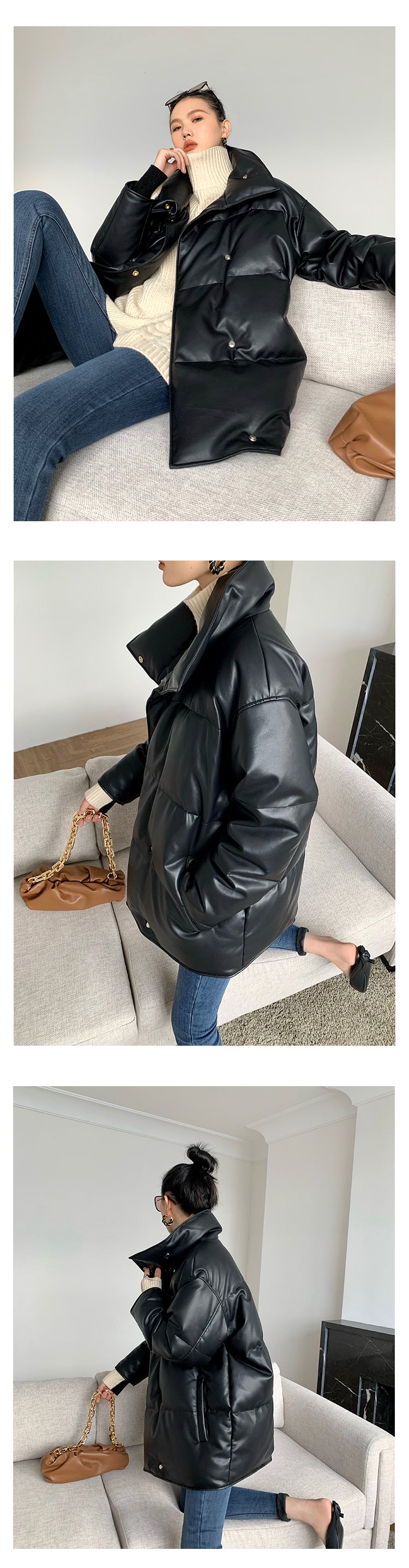 PU Leather down jacket winter 90 white duck down loose jacket - Duvi black