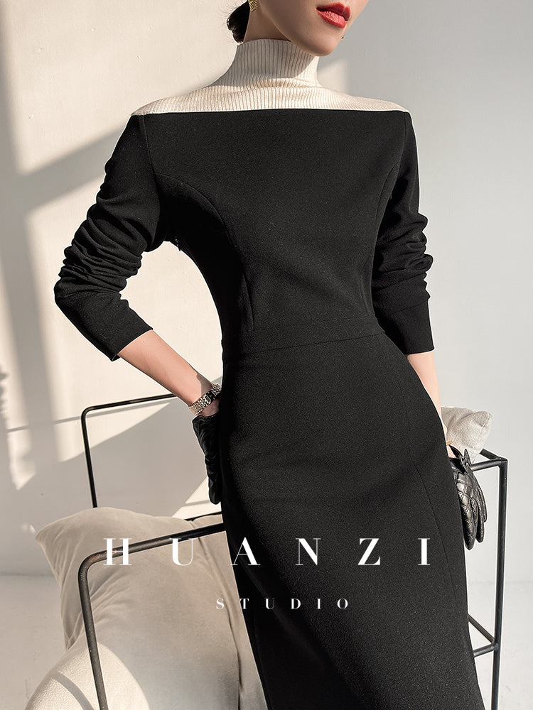 Huanzi new elegant classic black high turtle neck dress - Kios