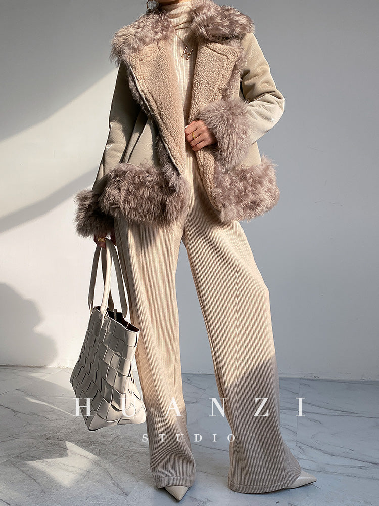 Huanzi custom craft winter fur one-piece wool lamb collar leather jacket - Sioed