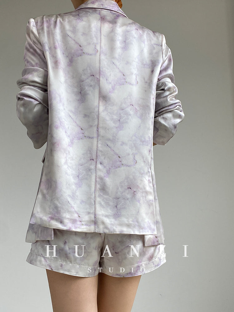 high-quality luxury triacetic tye dye satin long-sleeved short suit - libo