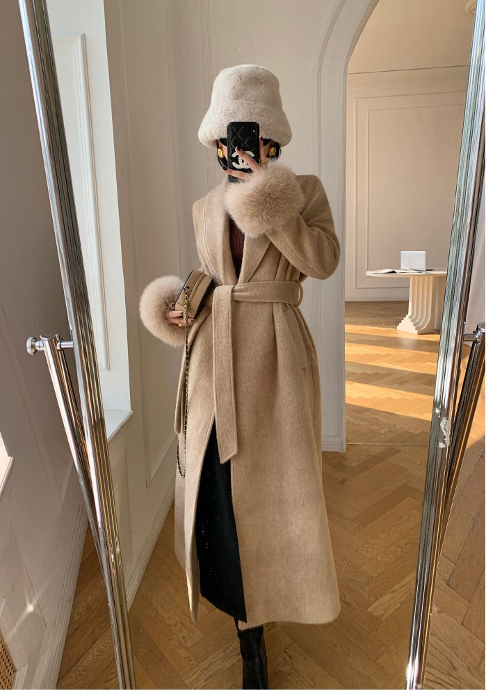 Beige WANXO vegann fur waist tie woolen coat new fashion medium and long woolen coat- Katy