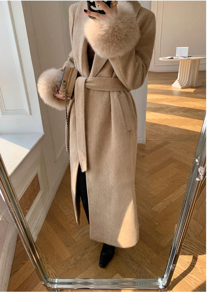Beige WANXO vegann fur waist tie woolen coat new fashion medium and long woolen coat- Katy