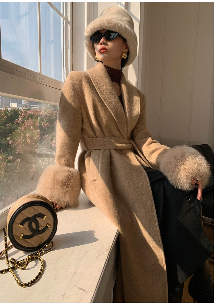 Beige WANXO vegann fur waist tie woolen coat new fashion medium and long woolen coat- Katy