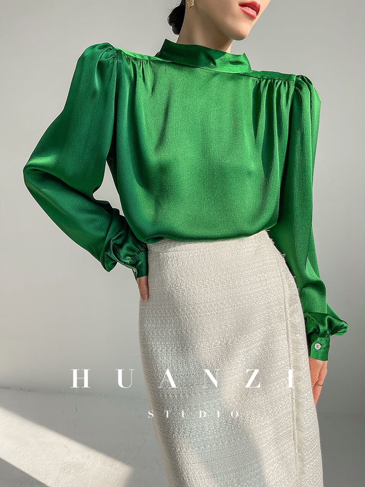 Huanzi new puff sleeves silk satin shirts top blouse - Oitr
