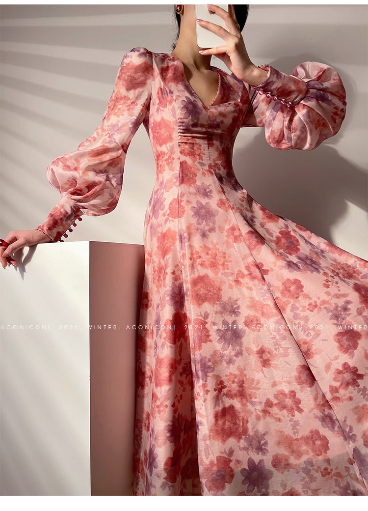 Aconiconi|Romantic French print luxury handmade haute couture beaded v-neck midi dress - Pilore