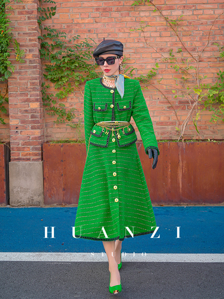 Huanzi tweed wool small suit autumn and winter new green short coat suit set- Lilibeth