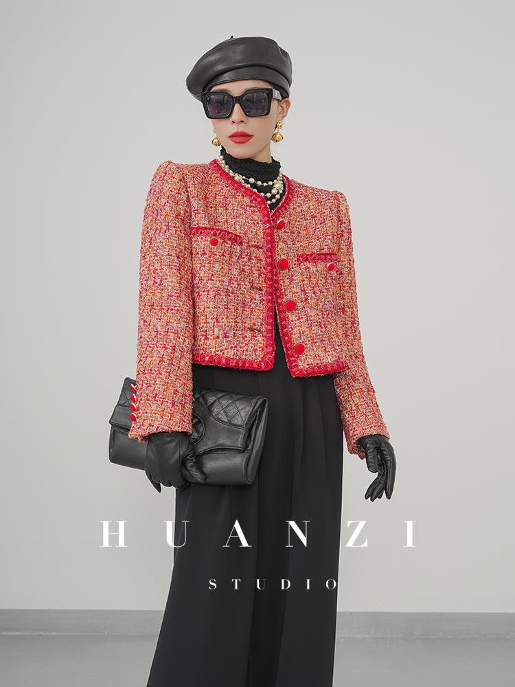 Huanzi custom 2022 autumn and winter new high-definition handmade red tweed temperament lady style small fragrant wind jacket female