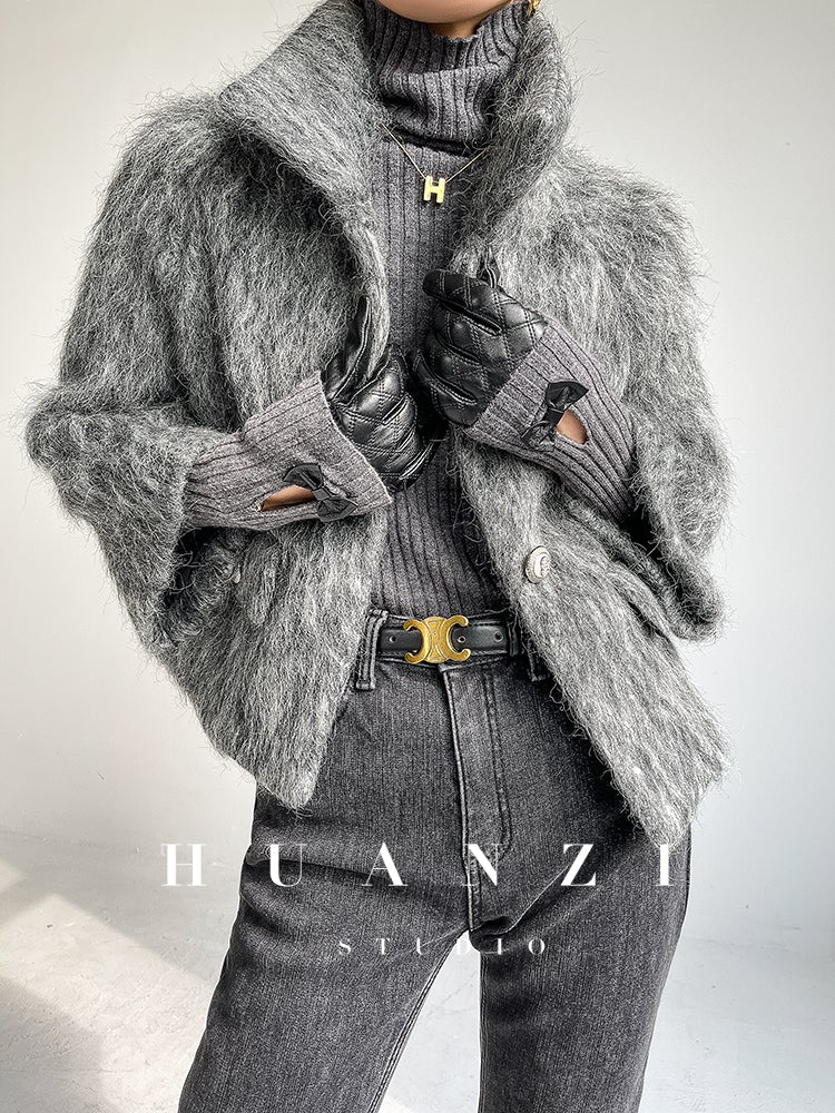 Huanzi custom high-luxury retro French medieval style mid-length mohair woolen coat suit jacket -Waeo Blue