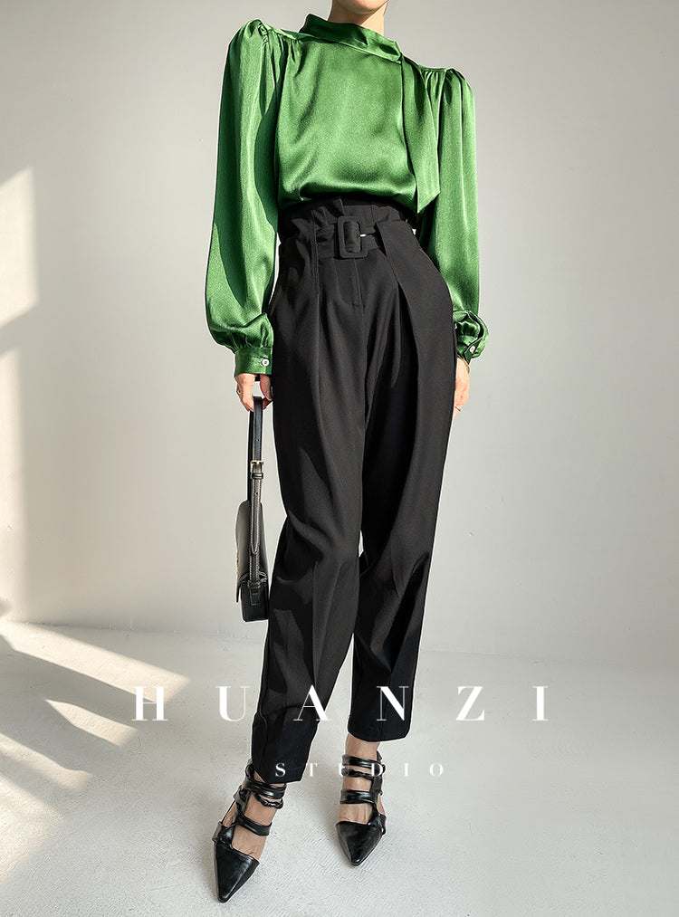 Spring summer fashion high waist loose straight belt radish pants trousers - Tima