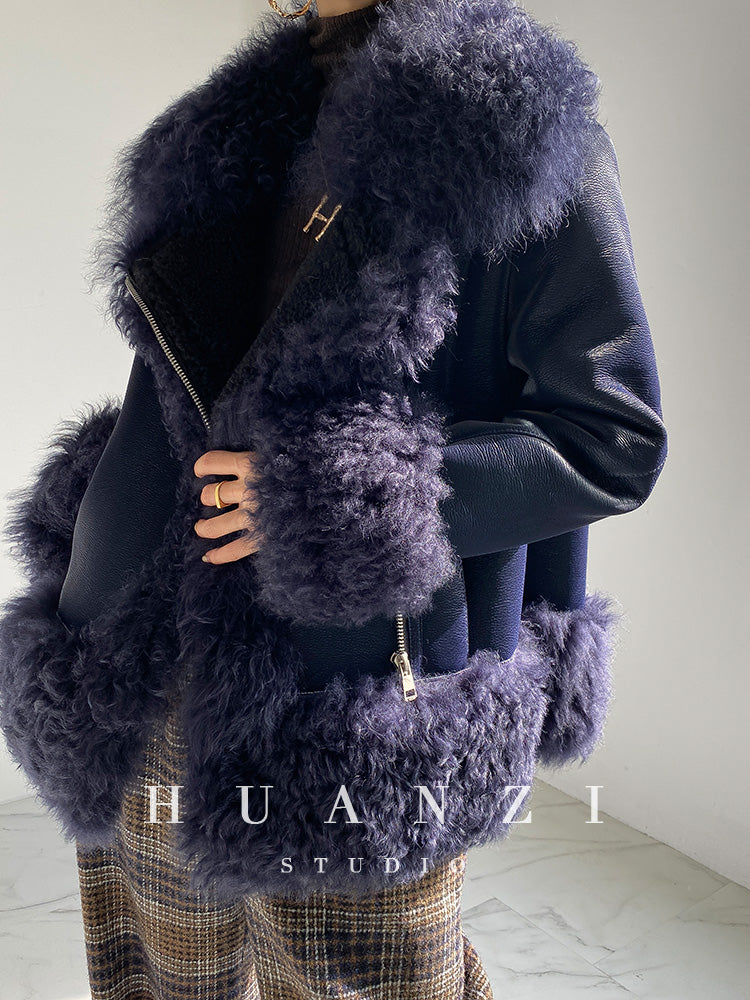 Huanzi custom craft winter fur one-piece wool lamb collar leather jacket - Sioed