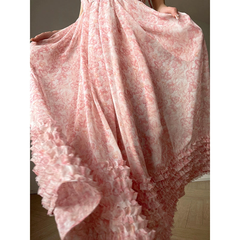 Aconiconi| halter-neck summer broken flowers vacation holiday style fairy dress - cherry blossom