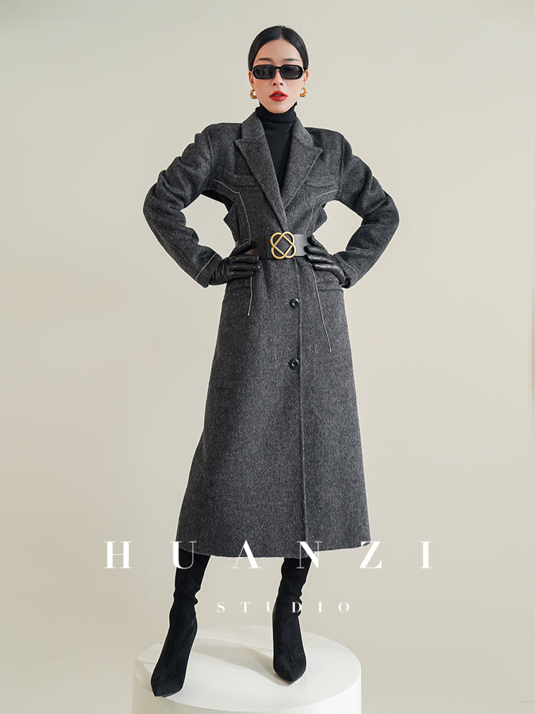 Huanzi new high-end color waist sheep wool double-sided woolen coat- JJ