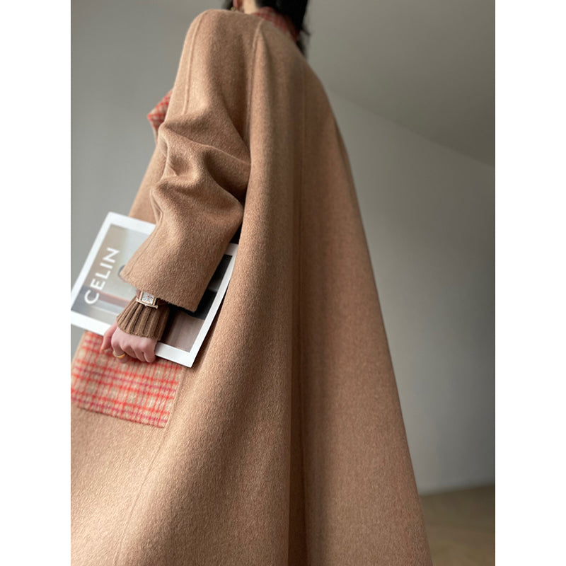 Aconiconi| All-Wool Double-Sided Plaid Checkered Long Coat Winter- Cardamom