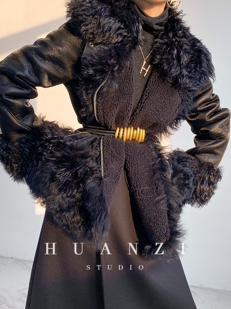 Huanzi custom craft winter fur one-piece wool lamb collar leather jacket - Sioed