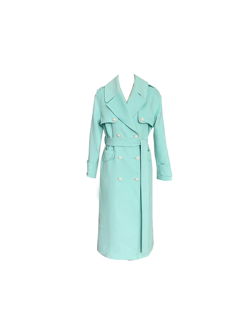 French ladies winter gentle tie tourmaline green elegant light luxury thick twill woolen long sleeve coat- Rita