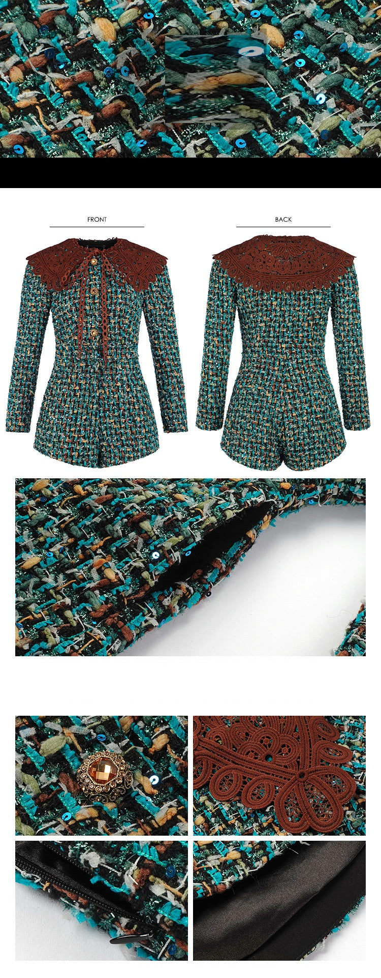 Exquisite blue long sleeve wool high-end luxury short jumpsuit - Pio