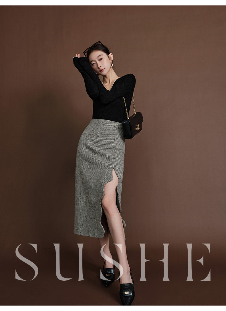 SUSHE Heavy Elegant Wave Slit Spring Skirt - monet vision