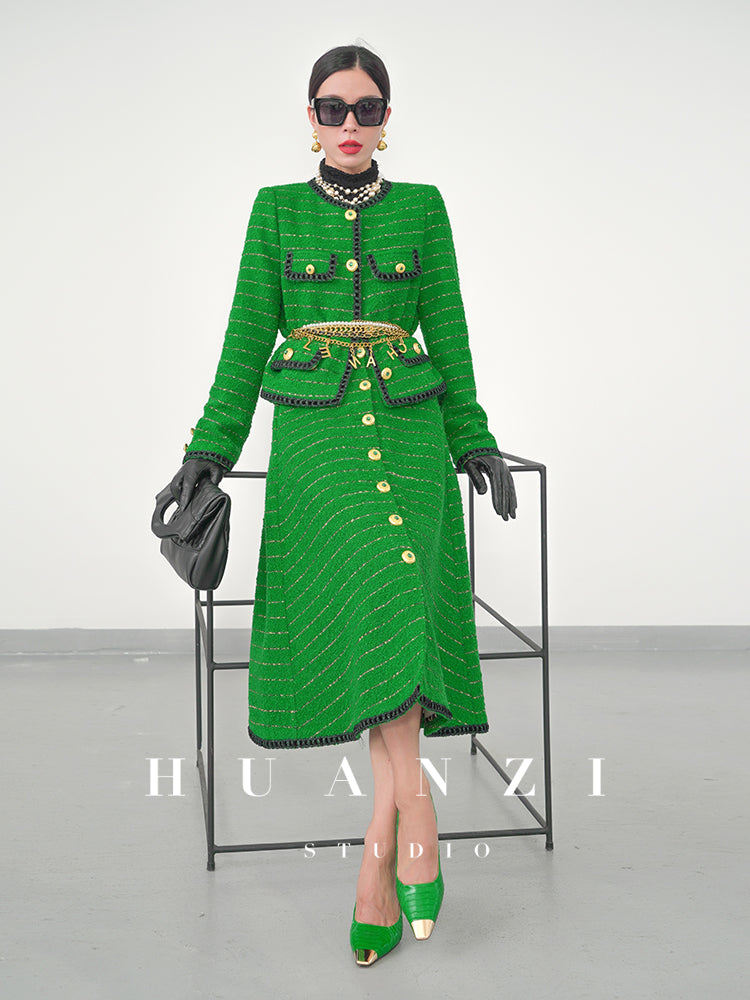Huanzi tweed wool small suit autumn and winter new green short coat suit set- Lilibeth