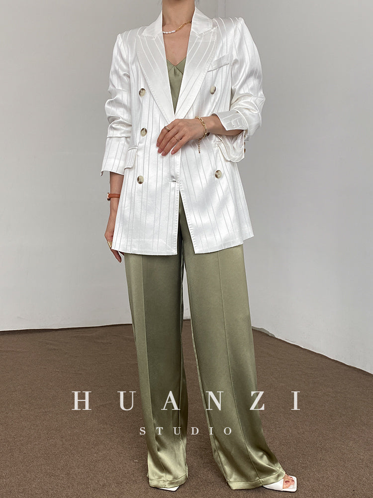 Huanzi high end tri-acetic satin drape high-end suit white silk blazer suit -Bioba