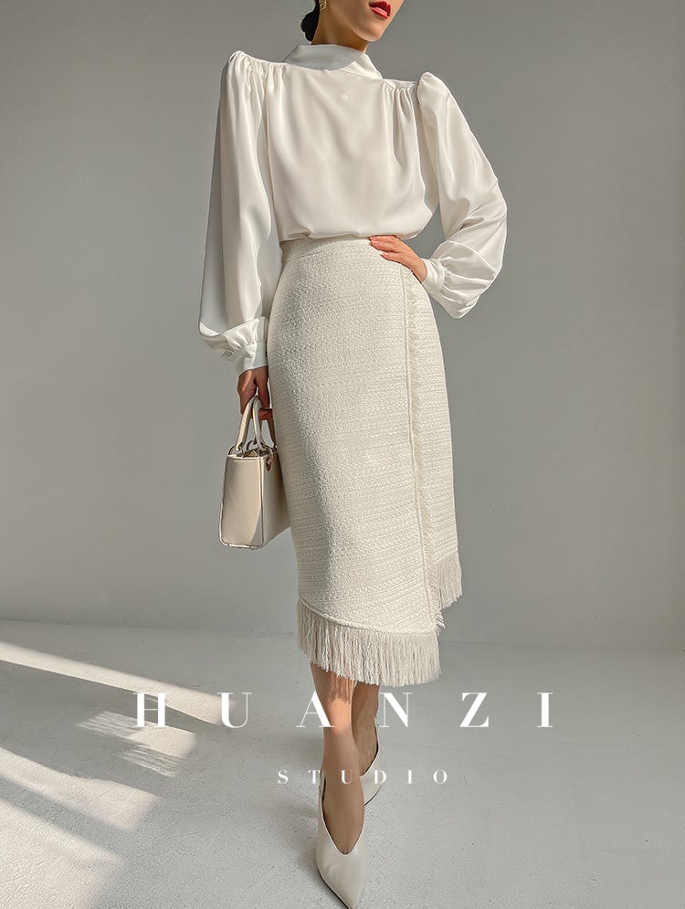 Huanzi new puff sleeves silk satin shirts top blouse - Oitr