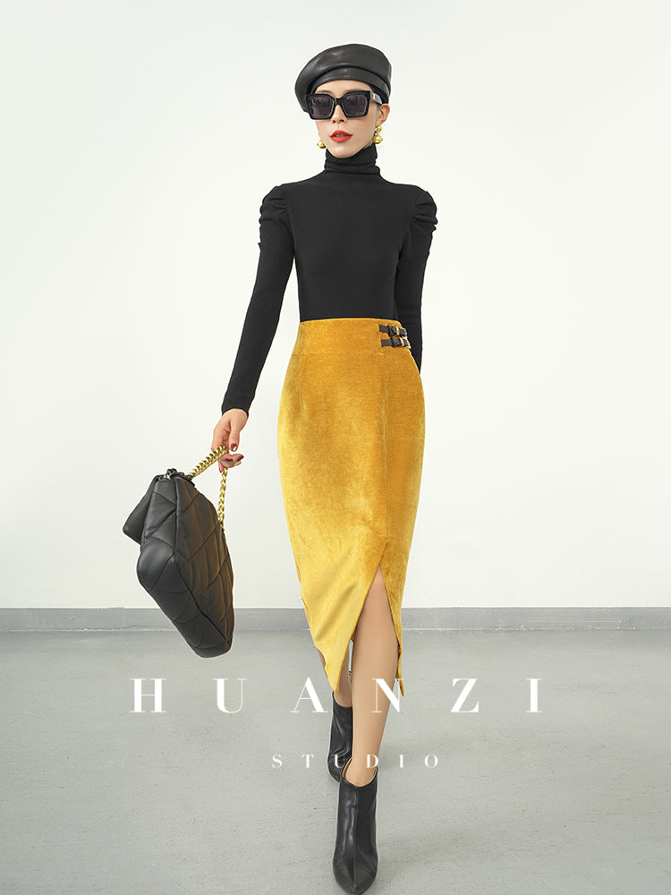 Huanzi new French velvet fashionable high waist slim and small slit skirt female- Elvin