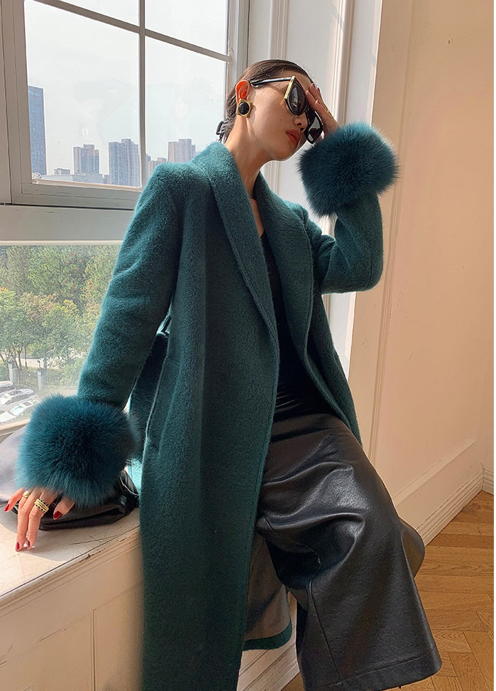 Beige WANXO vegann fur waist tie woolen coat new fashion medium and long woolen coat- Katy