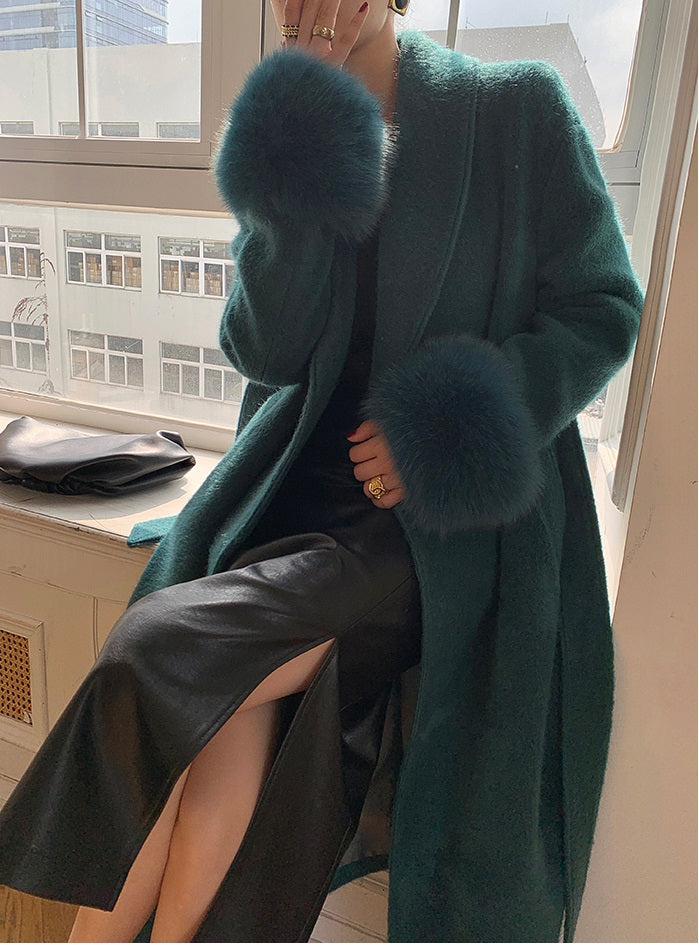 WANXO vegann fur waist tie woolen coat new fashion medium and long woolen coat- Katy