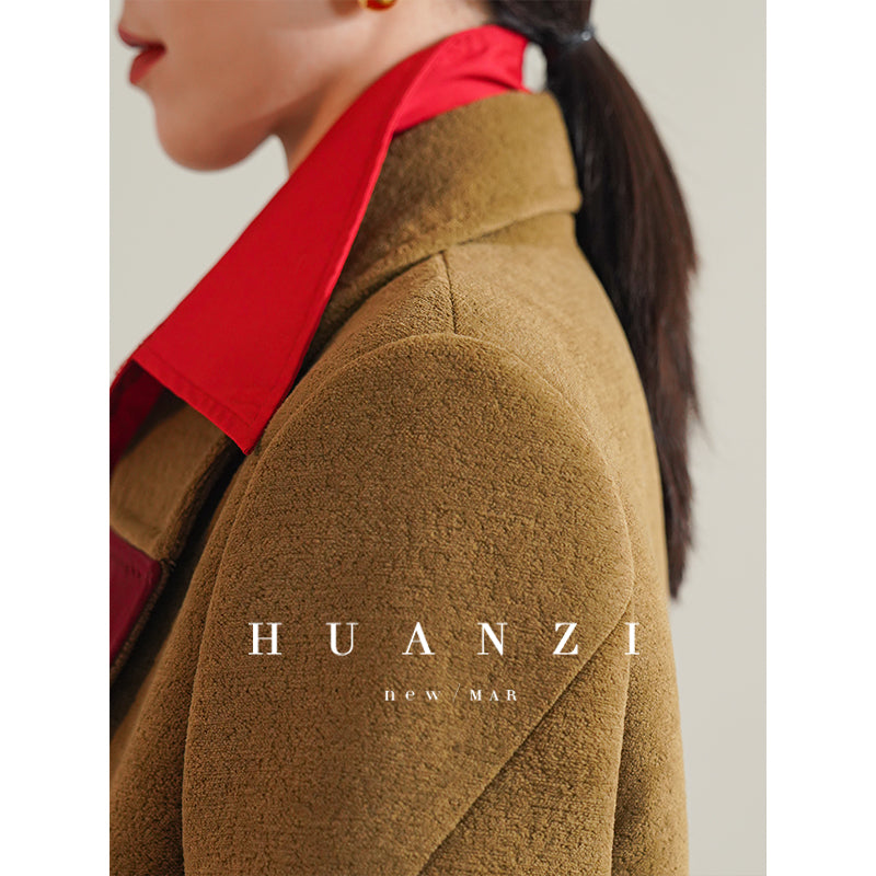 Huanzi non-ironing technology short retro fur coat mid-length windbreaker suit jacket- Nina