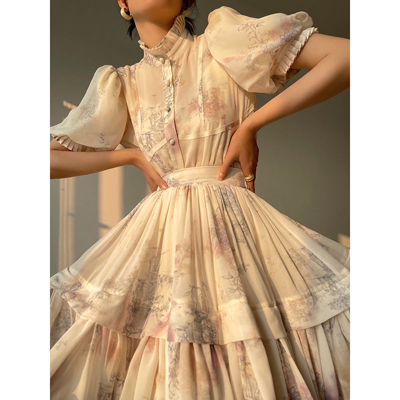 Aconiconi French puff short-sleeved shirt, tank layered printed skirt -  Kono's love letter