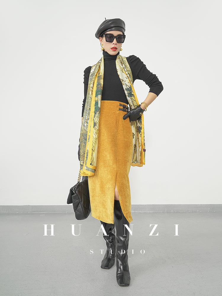 Huanzi new French velvet fashionable high waist slim and small slit skirt female- Elvin